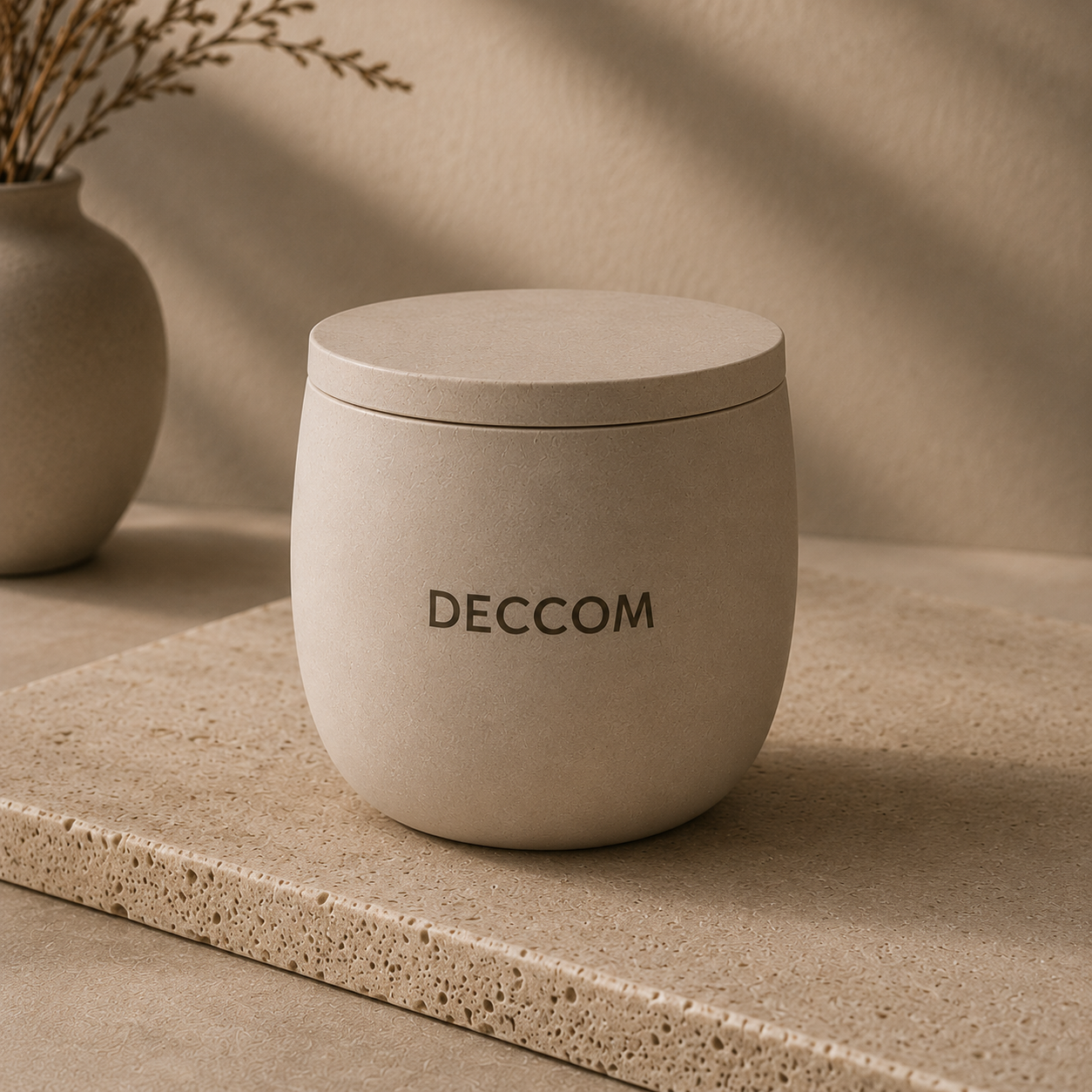 Close-up of DECCOM stone candle vessel with matte architectural texture