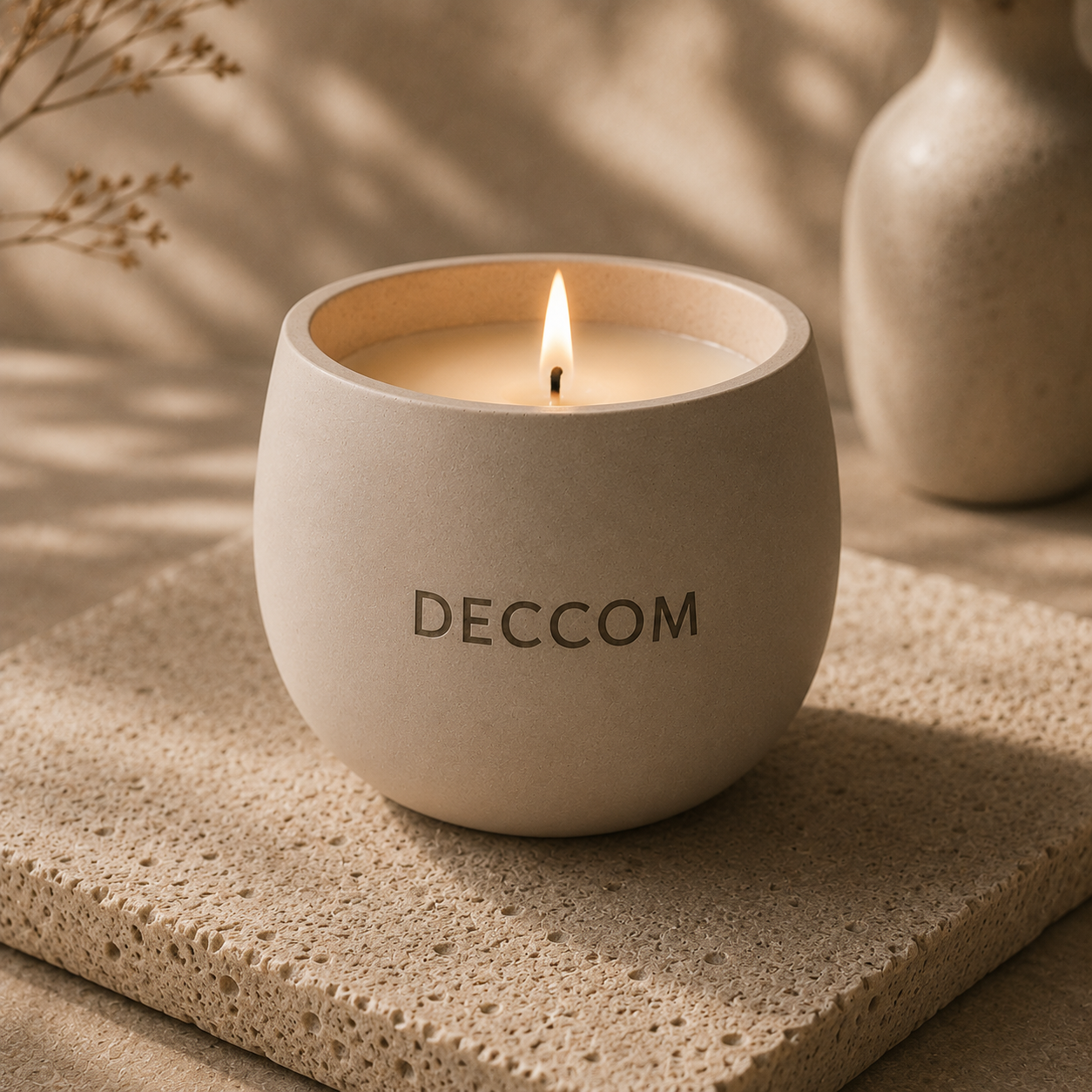 DECCOM Rounded Vessel soy candle lit beside sculptural form object in warm minimalist setting