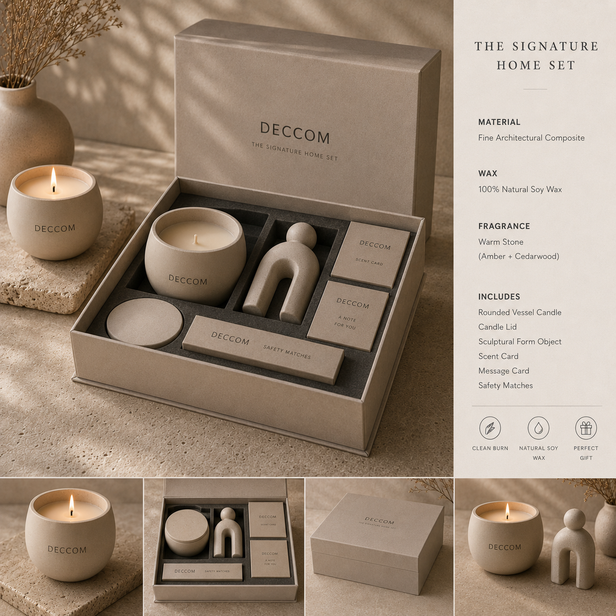 DECCOM The Signature Home Set with soy candle, sculptural form object, cards, safety matches, and luxury packaging