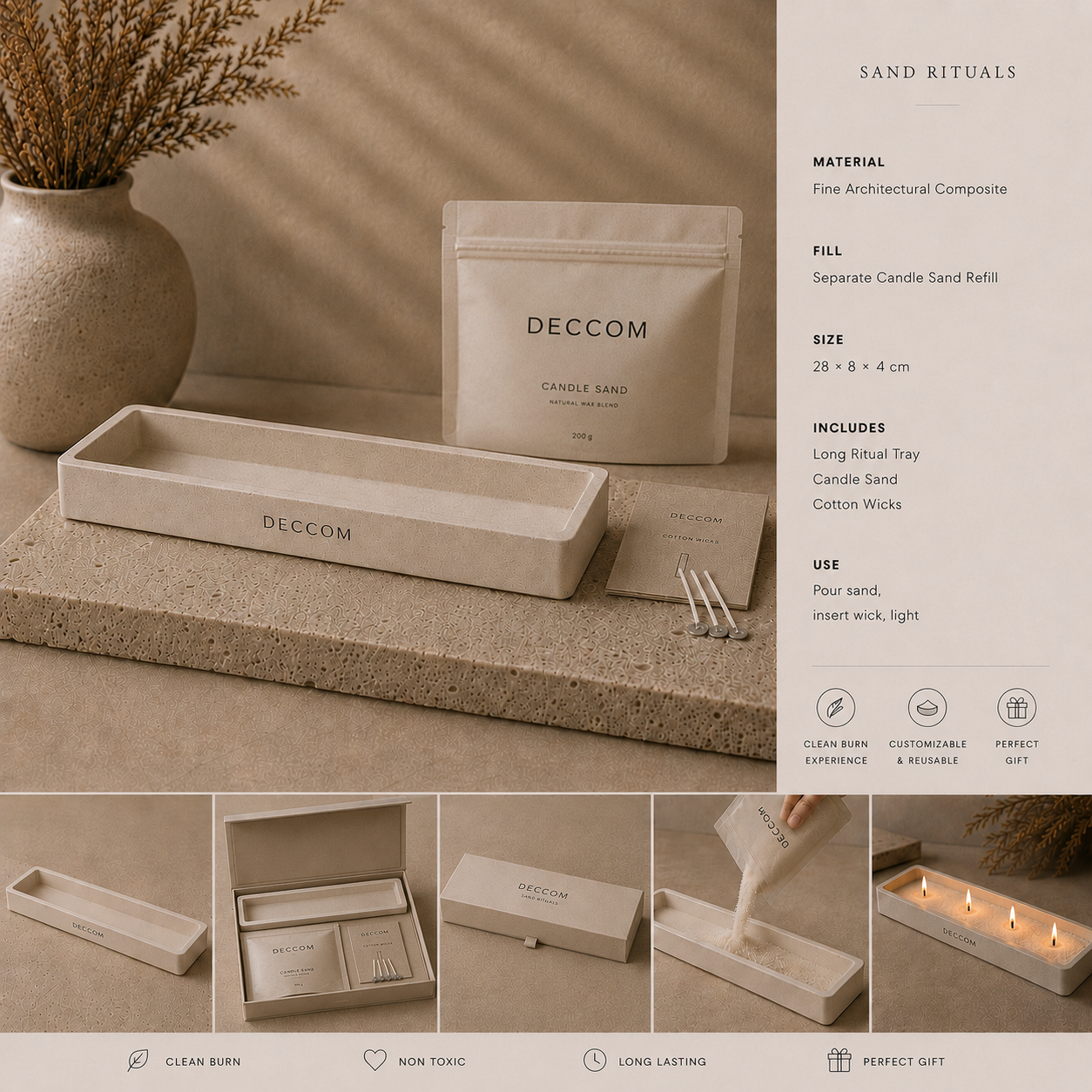 DECCOM Long Tray Ritual Sand with candle sand pouch, cotton wicks, and Sand Rituals product details