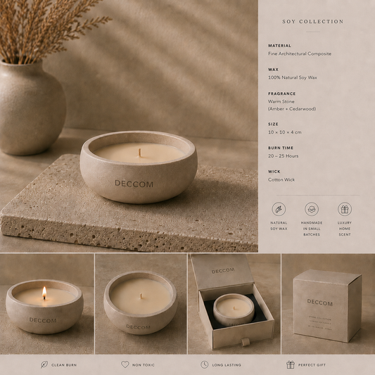 DECCOM Quiet Bowl soy candle with stone-inspired packaging and warm beige finish