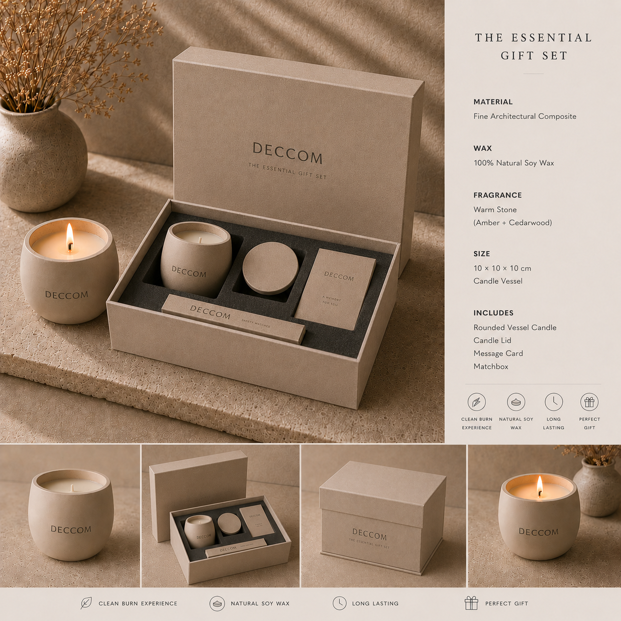 DECCOM The Essential Gift Set with sculptural soy candle, safety matches, message card, and luxury packaging