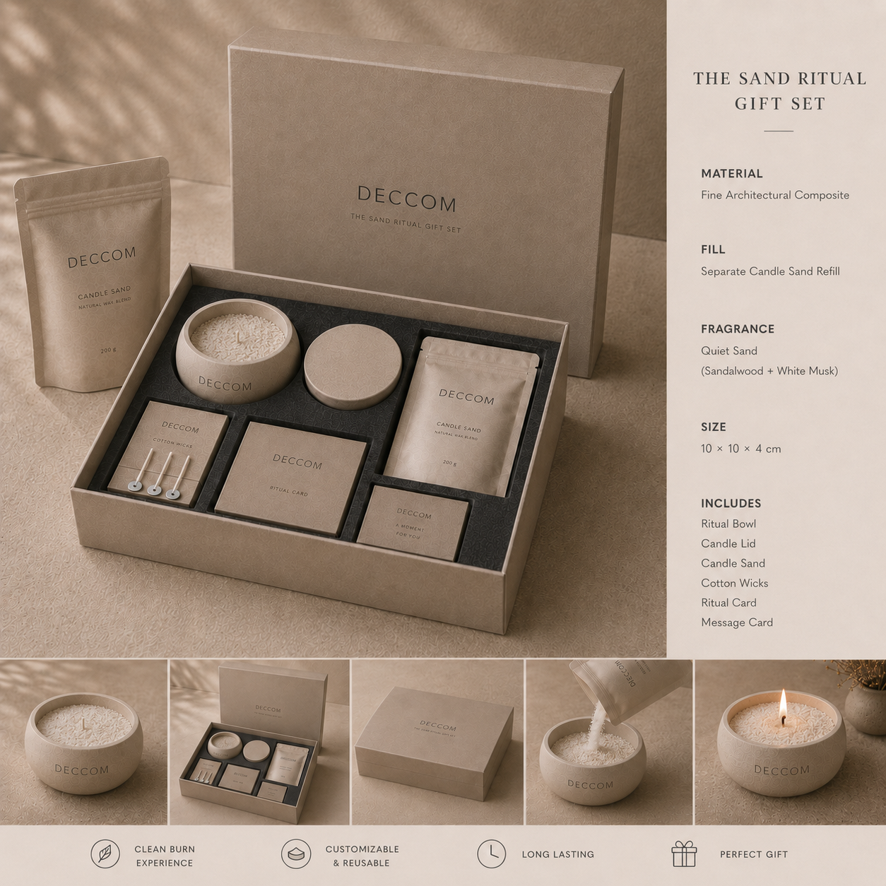 DECCOM The Sand Ritual luxury candle sand gift set with reusable ritual bowl and magnetic packaging