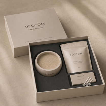 DECCOM Sand Rituals open box with ritual bowl, candle sand refill, and cotton wicks