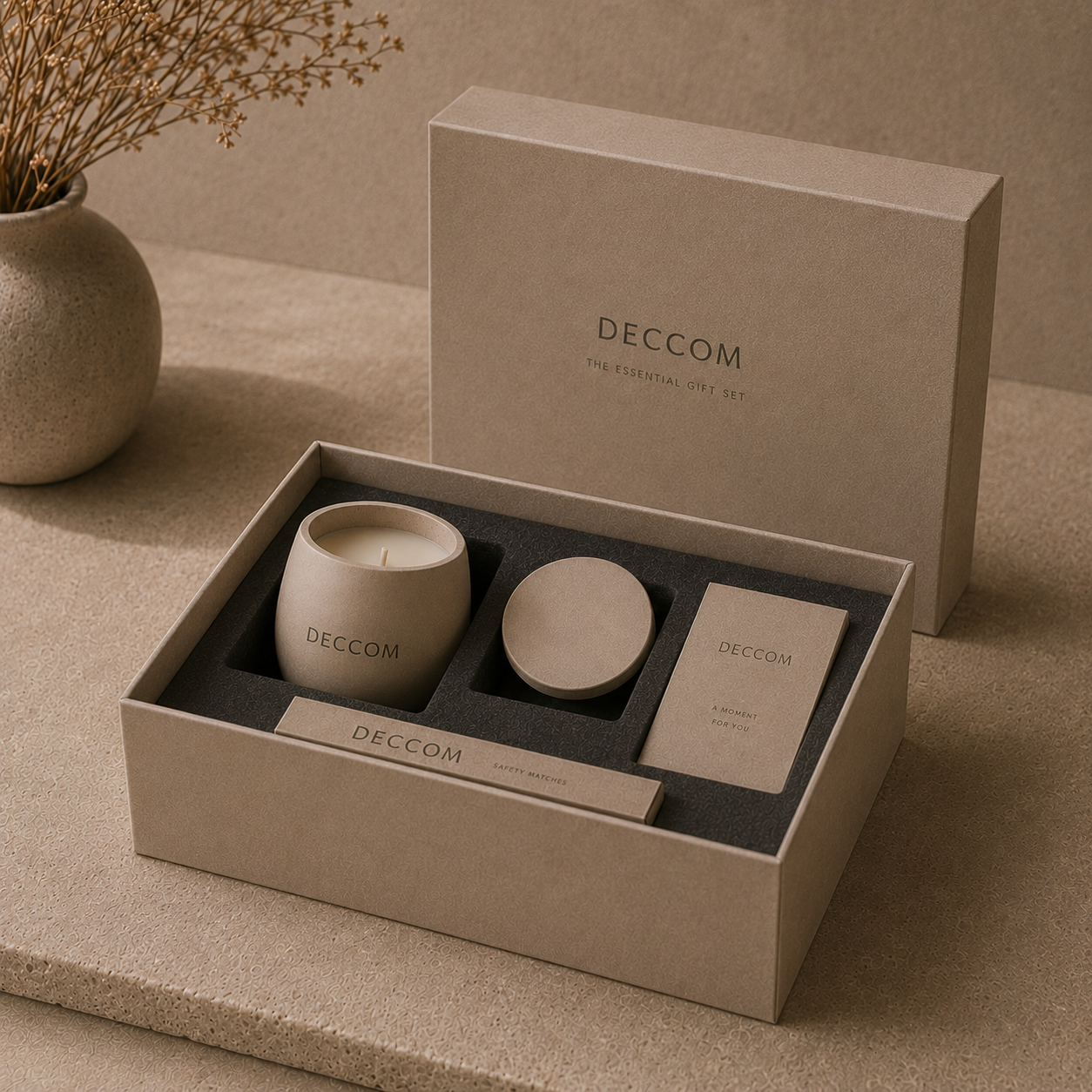 DECCOM Essential Gift Set open luxury box with candle, message card, and safety matches