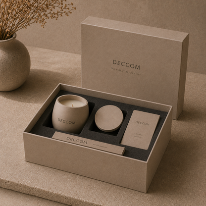 DECCOM Essential Gift Set open luxury box with candle, message card, and safety matches