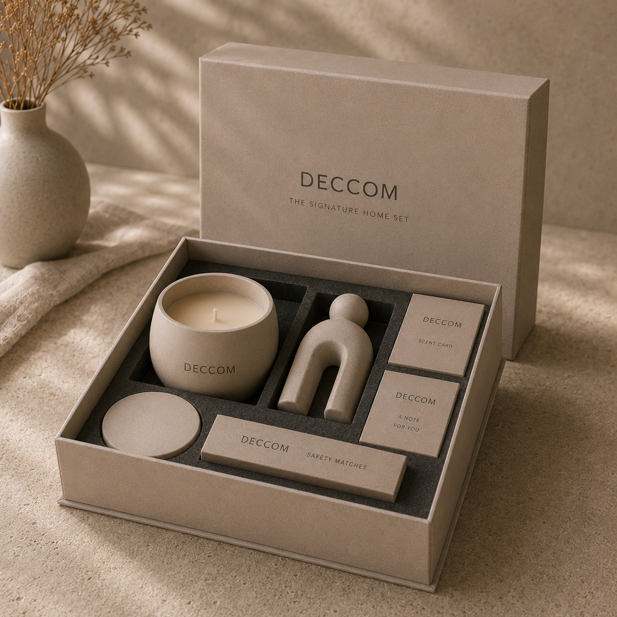 DECCOM Signature Home Set open luxury box with candle, sculptural object, cards, and safety matches