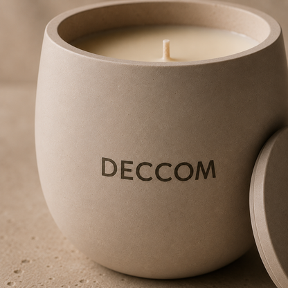 Close-up of DECCOM stone candle vessel with matte architectural texture