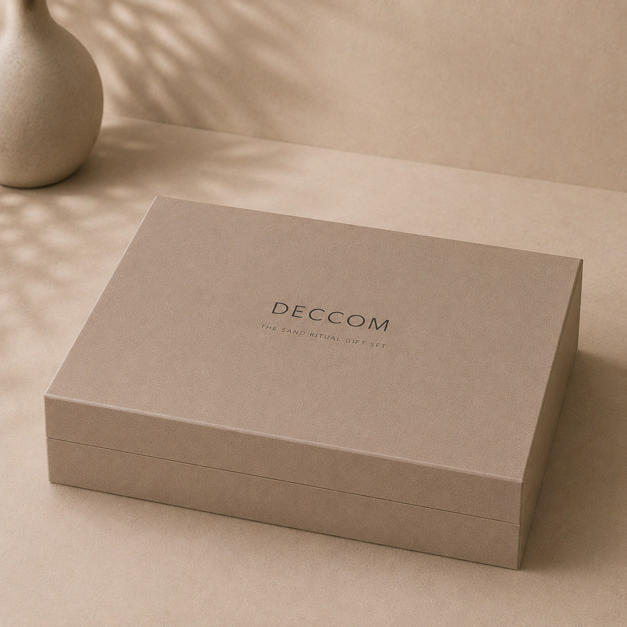 Closed DECCOM Sand Ritual magnetic gift box in warm neutral stone finish