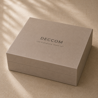 Closed DECCOM Signature Home Set rigid gift box in warm beige finish