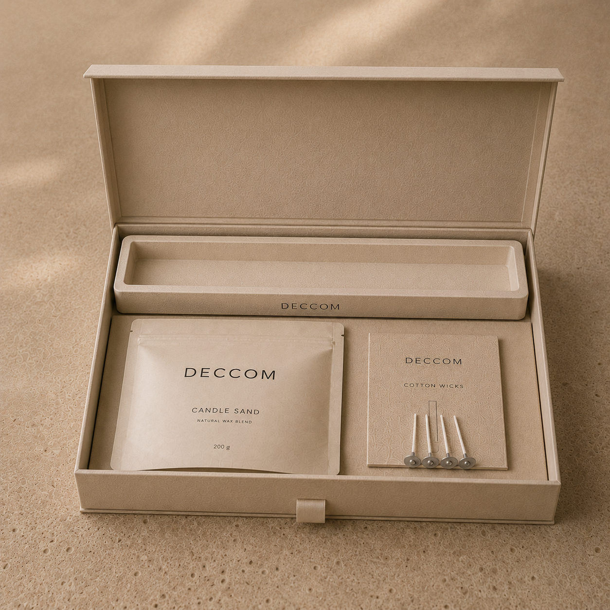DECCOM Sand Rituals open box with long ritual tray, candle sand refill, and cotton wicks