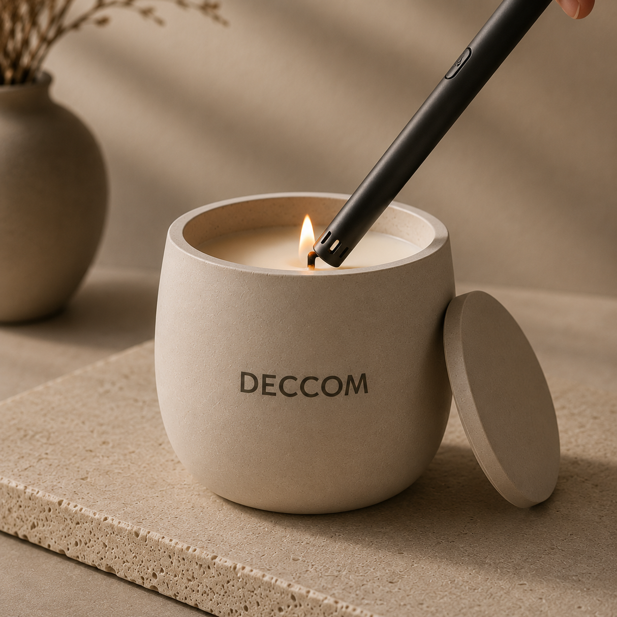 Close-up of DECCOM stone candle vessel with matte architectural texture