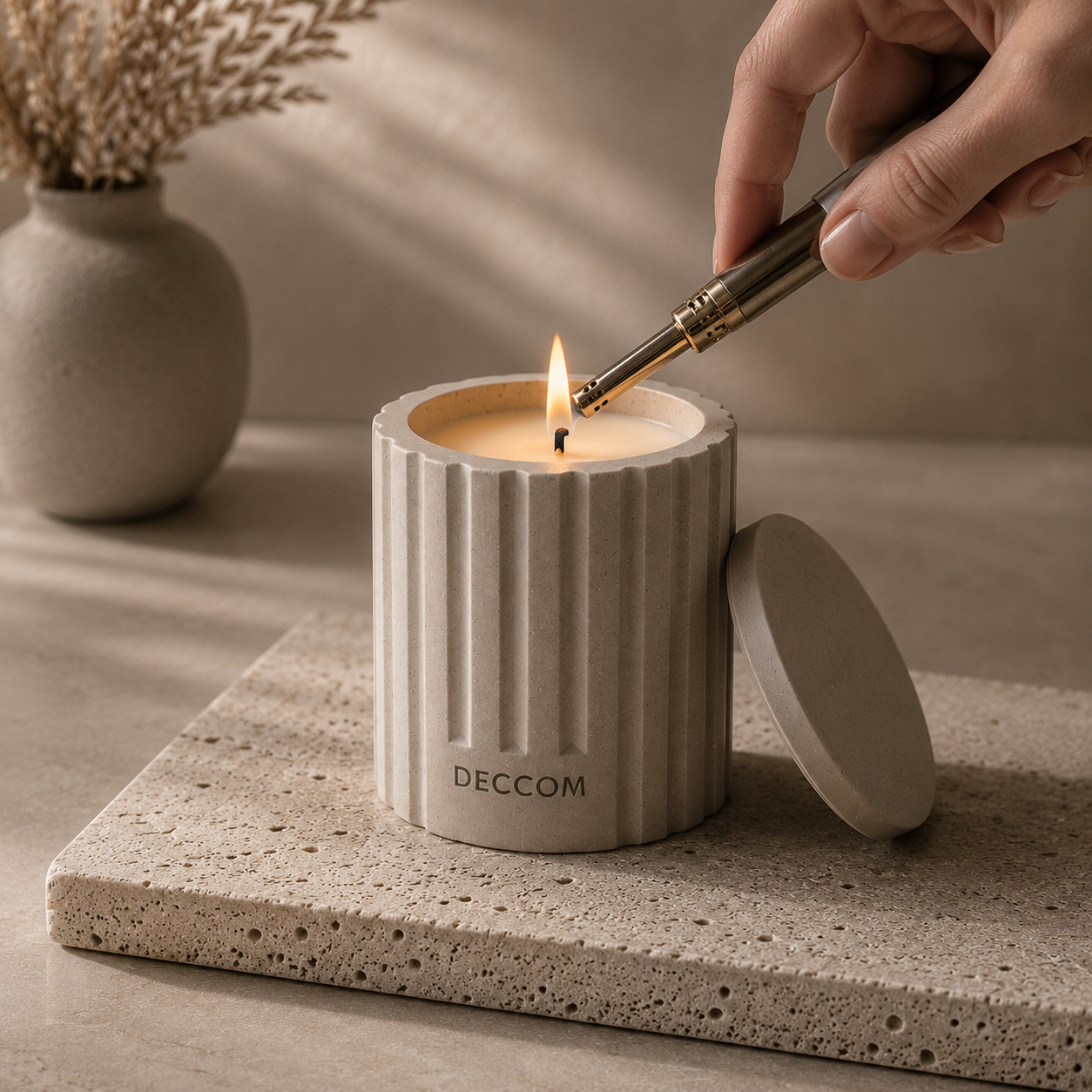 DECCOM Column Vessel candle being lit with a warm flame in a neutral stone setting