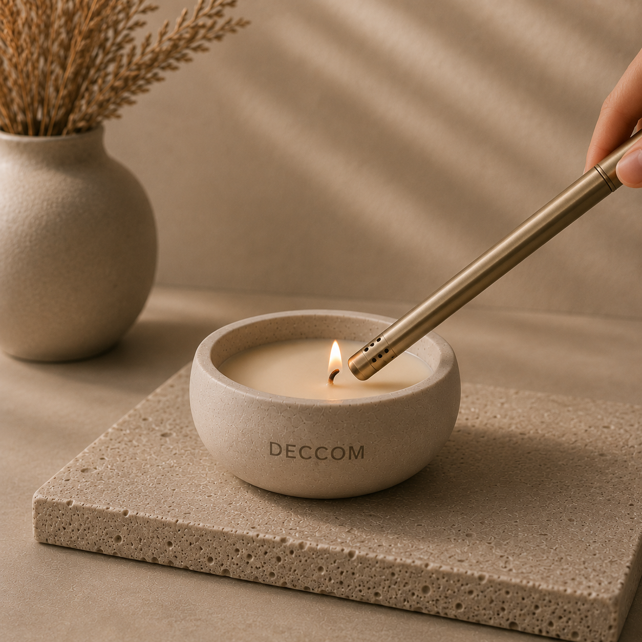 DECCOM Quiet Bowl soy candle being lit in a soft warm stone setting