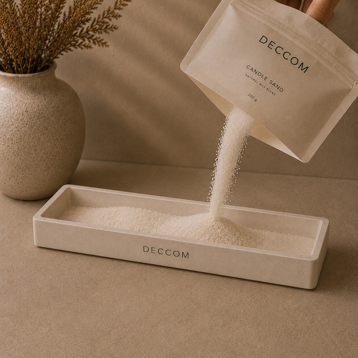 DECCOM candle sand being poured into a long reusable ritual tray