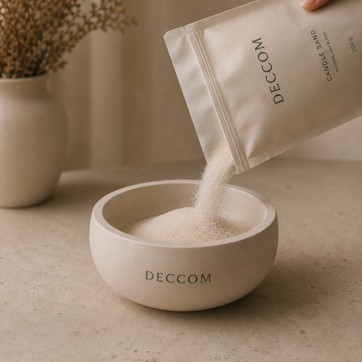 DECCOM candle sand being poured into a reusable ritual bowl