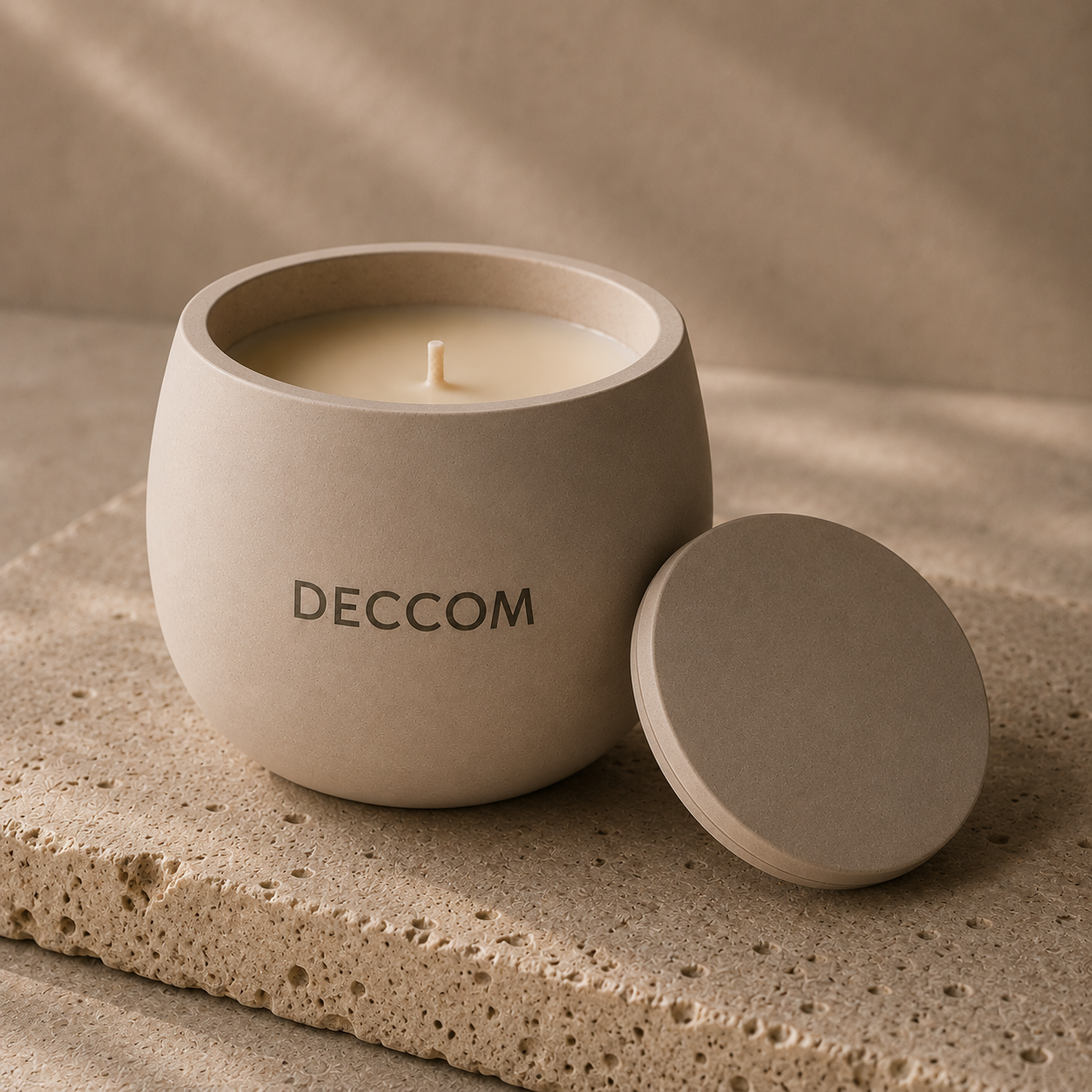 DECCOM Rounded Vessel soy candle with matching lid in warm stone matte finish