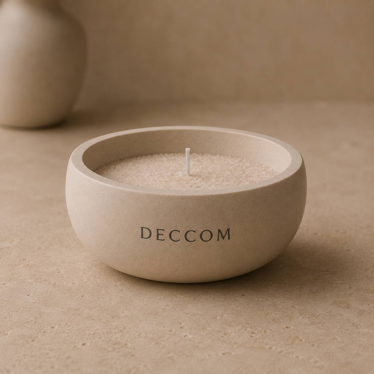 DECCOM Wide Ritual Bowl filled with candle sand and cotton wick in smooth matte stone finish