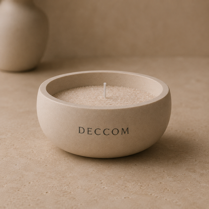 DECCOM Wide Ritual Bowl filled with candle sand and cotton wick in smooth matte stone finish