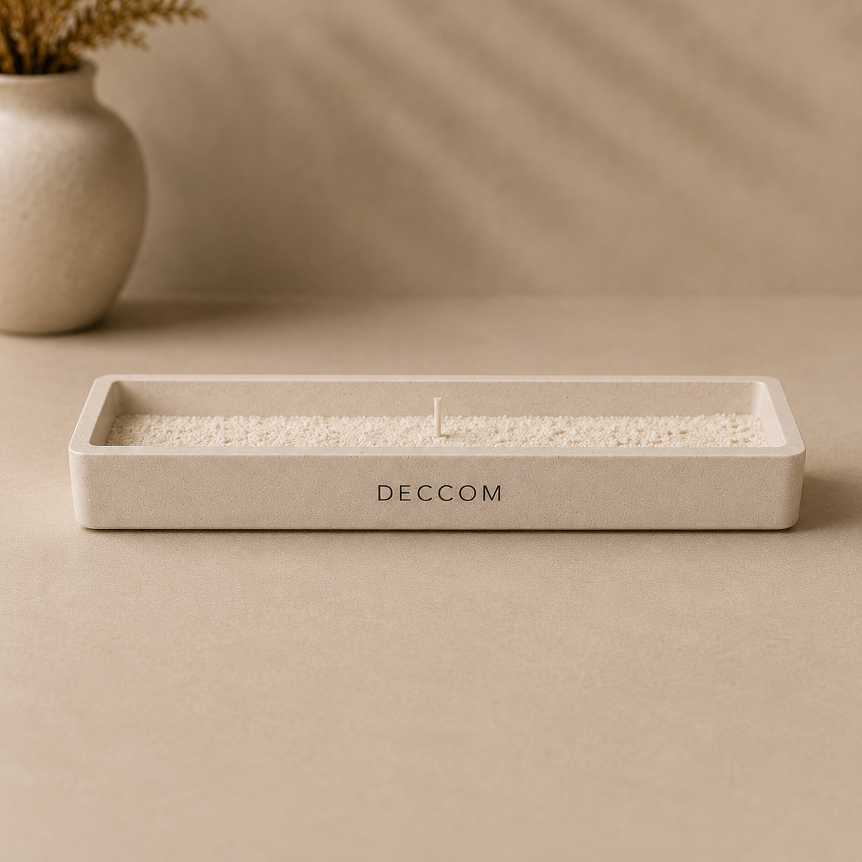 DECCOM Long Tray Ritual Sand filled with candle sand and cotton wick in smooth matte stone finish
