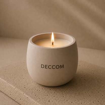 DECCOM soy candle from The Essential Gift Set lit in a warm minimalist setting