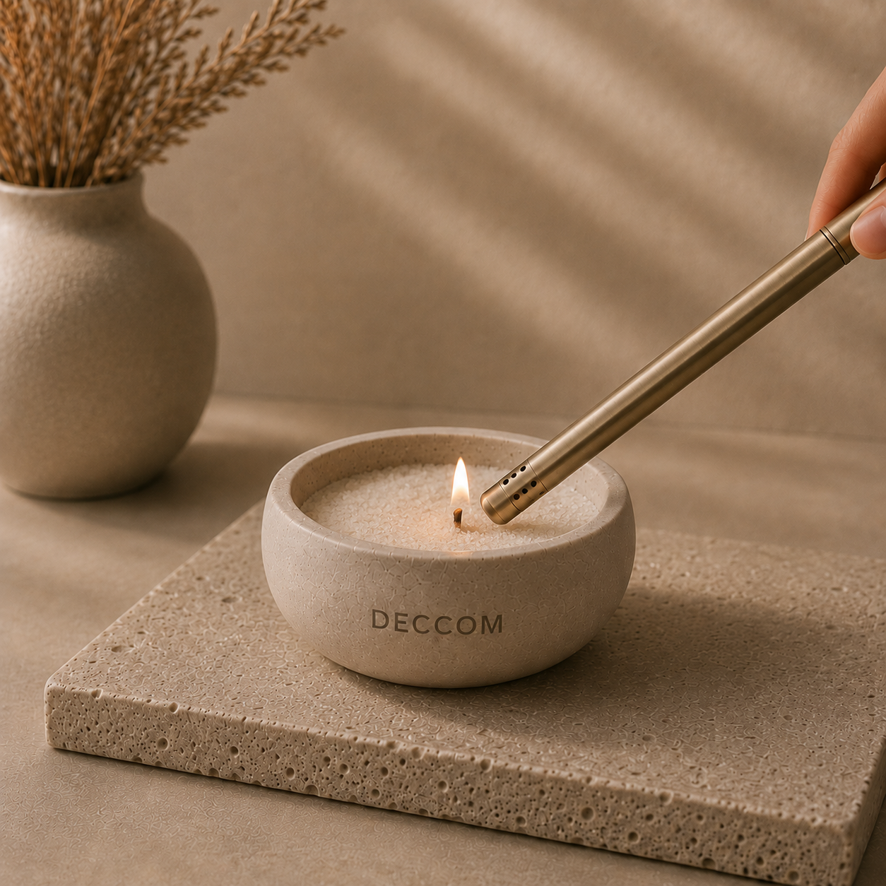 Lighting the DECCOM candle sand ritual bowl with a luxury candle lighter