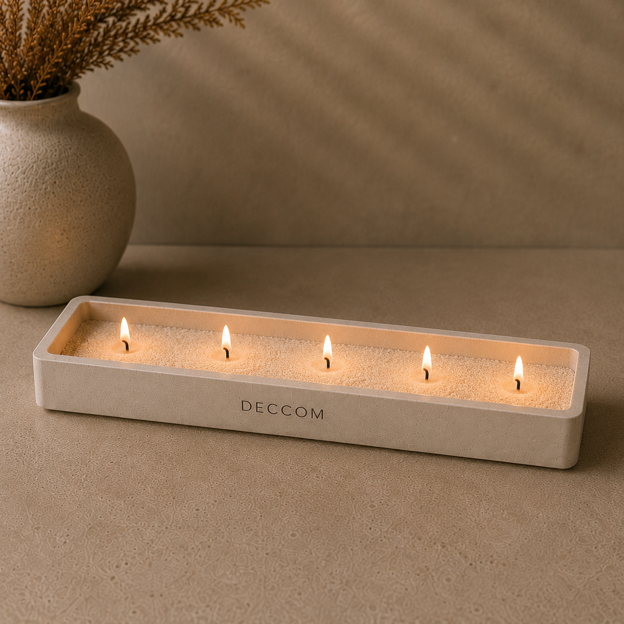 DECCOM Long Tray Ritual Sand lit with multiple warm flames
